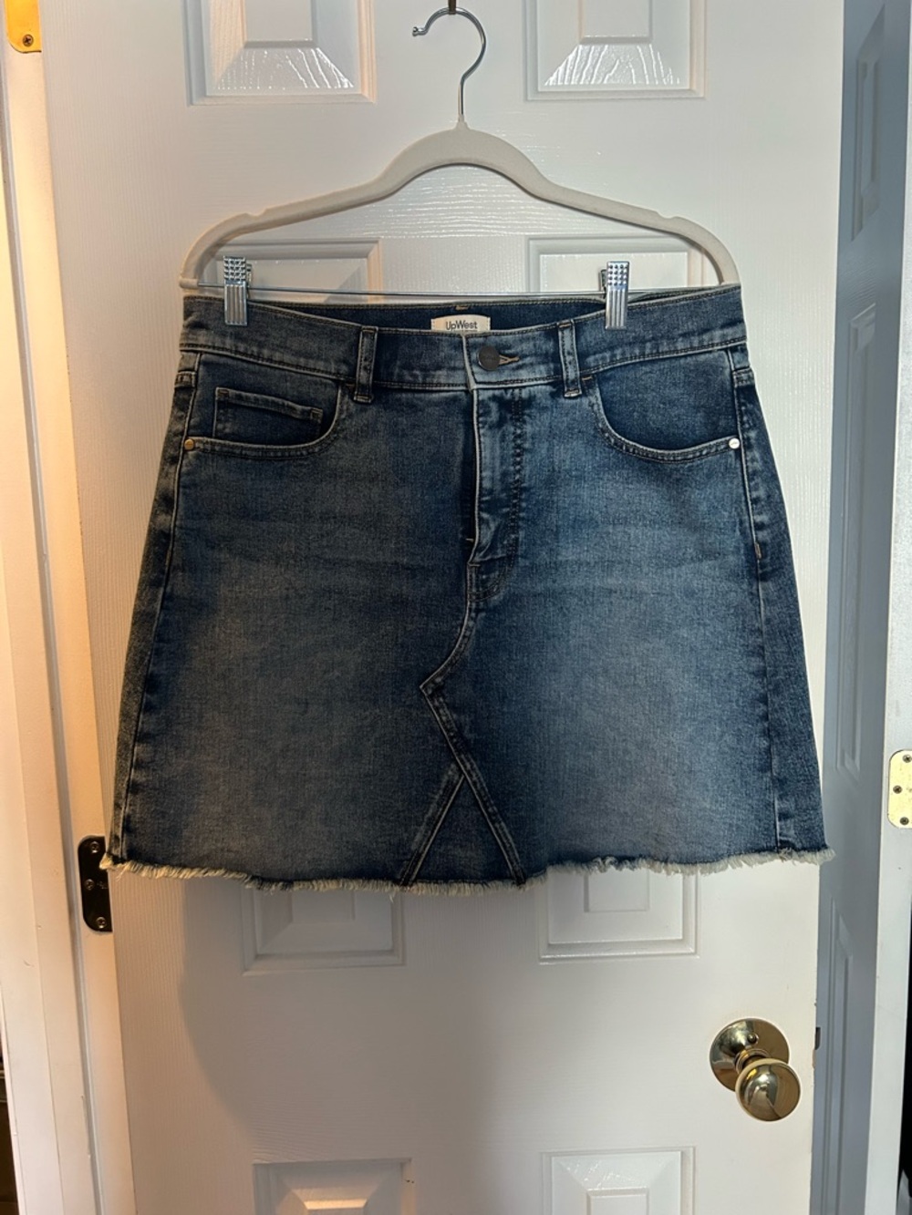 UpWest Indigo Denim Frayed-Hem Mini Skirt